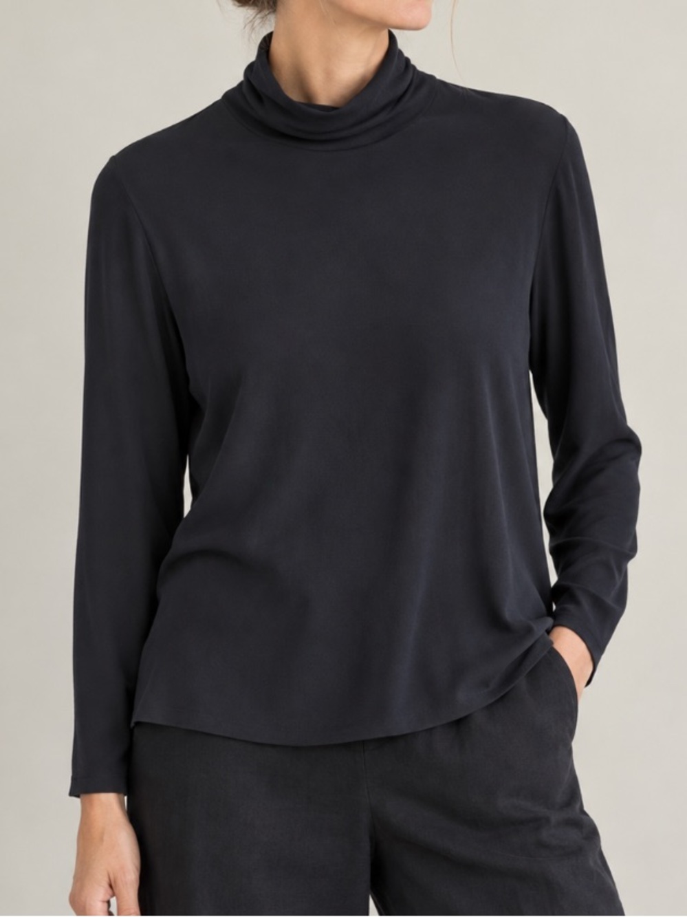 Eileen Fisher 100% Silk Black Mock Neck Long Sleeve Top